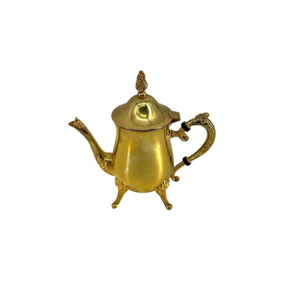 Shiny Brass/Gold Regency Lidded Coffee Pot Vintage Tablescape 8in Tall Footed